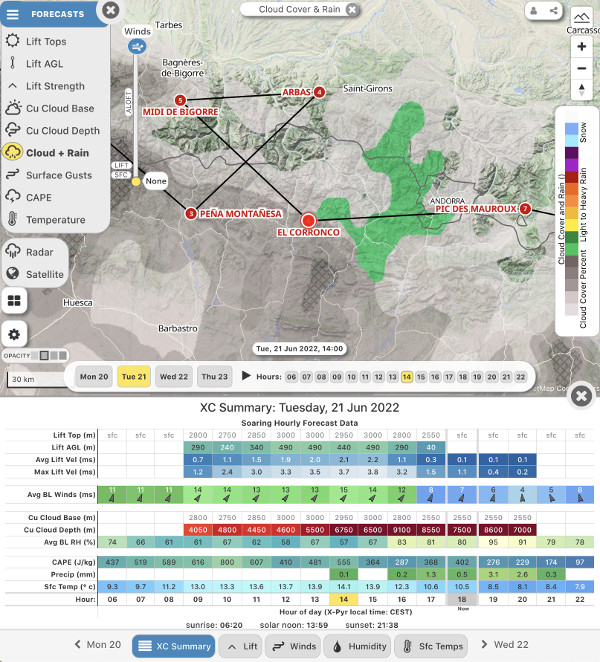 Cloud cover and rain potential along part of the course mid day